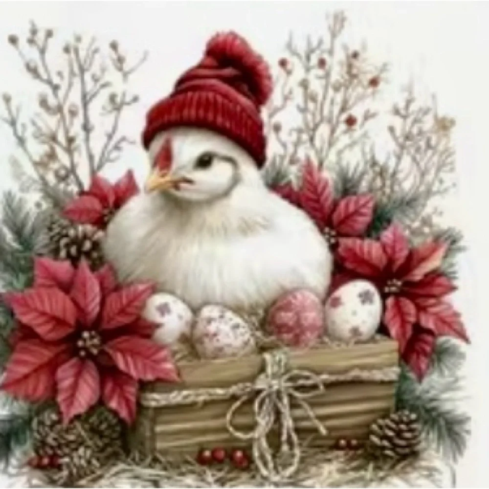 Merry Chicken Christmas SceneHandmade Circle Ornament‎